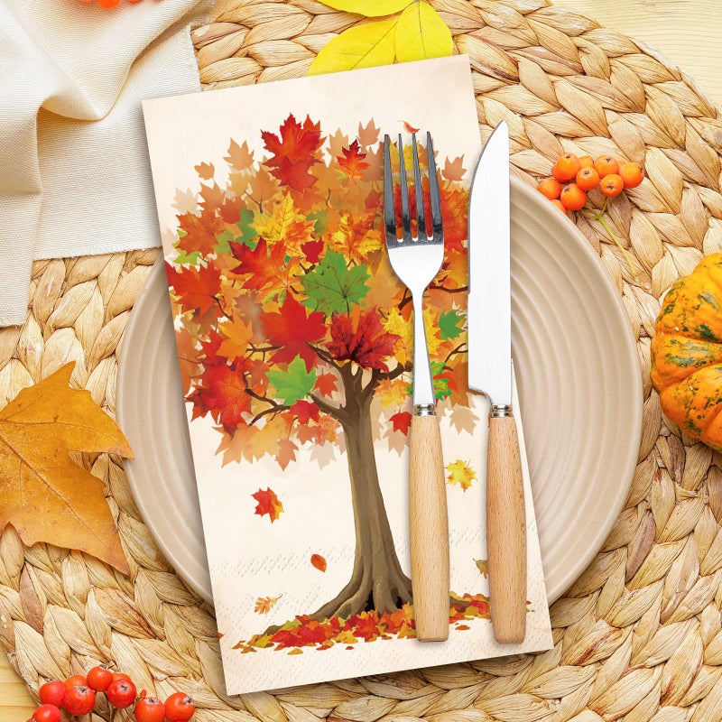 JarThenaAMCS 50 قطعة من مناديل ضيف الخريف أوراق القيقب مناديل للاستعمال مرة واحدة بألوان مائية وشجرة الخريف وحفلات العشاء ومنديل الخريف ومناشف اليد المزخرفة لمستلزمات طاولة الحمام لعيد الشكر - Image 5